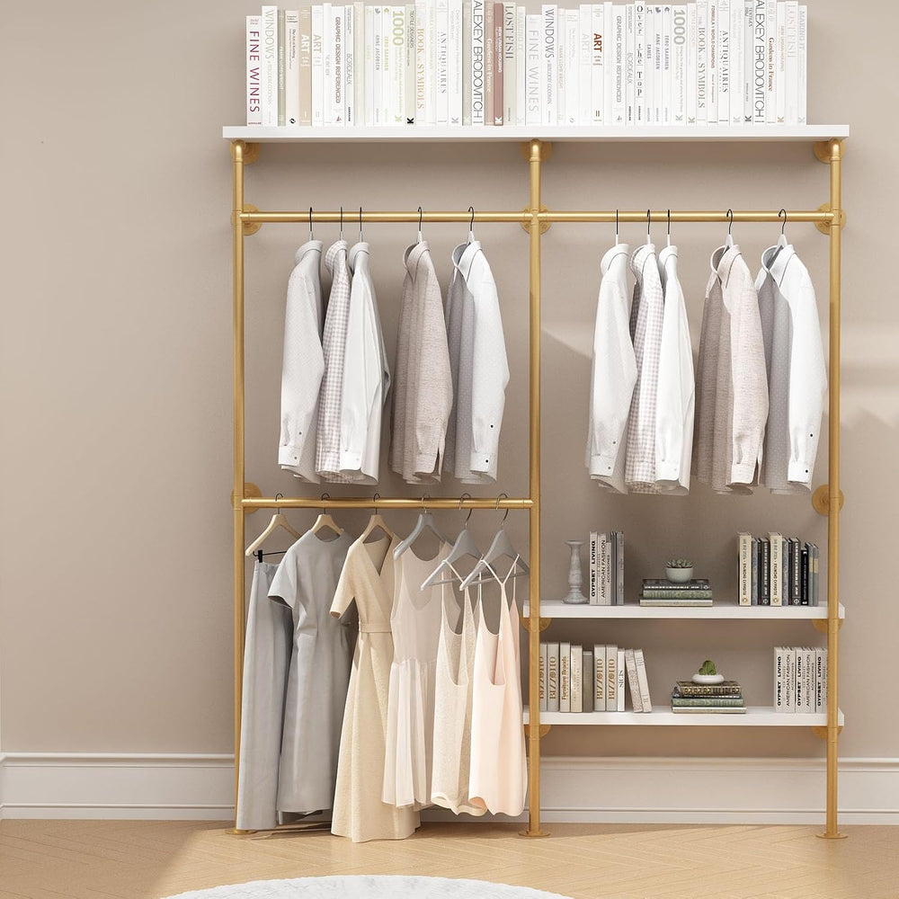 HOMEKAYT Industrial Pipe Clothes Rack with Shelves, Gold Clothing Rack Wall M...