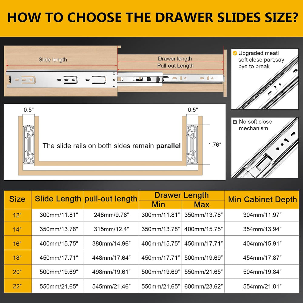 22 inch Ball Bearing Drawer Slides 6 Pairs (12pcs) - 100LB Capacity, Full Ext...