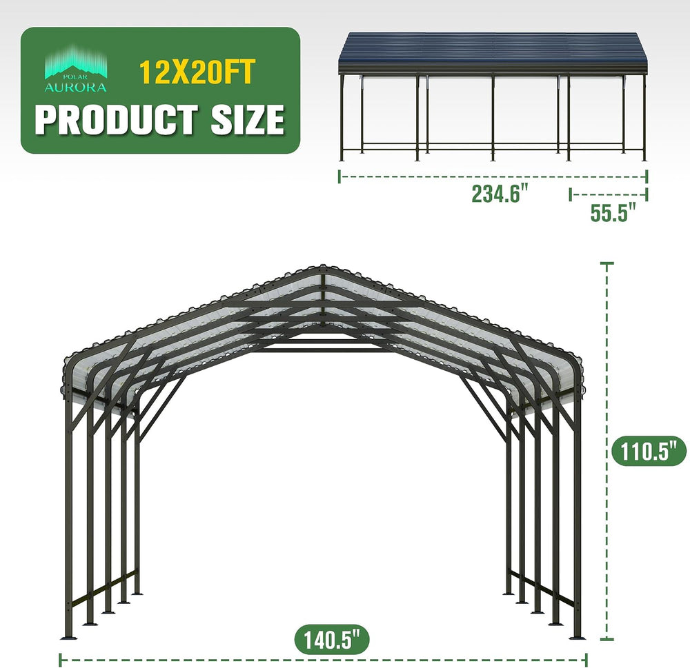 Polar Aurora 12x20 FT Metal Carport, Car Port with Enhanced Base