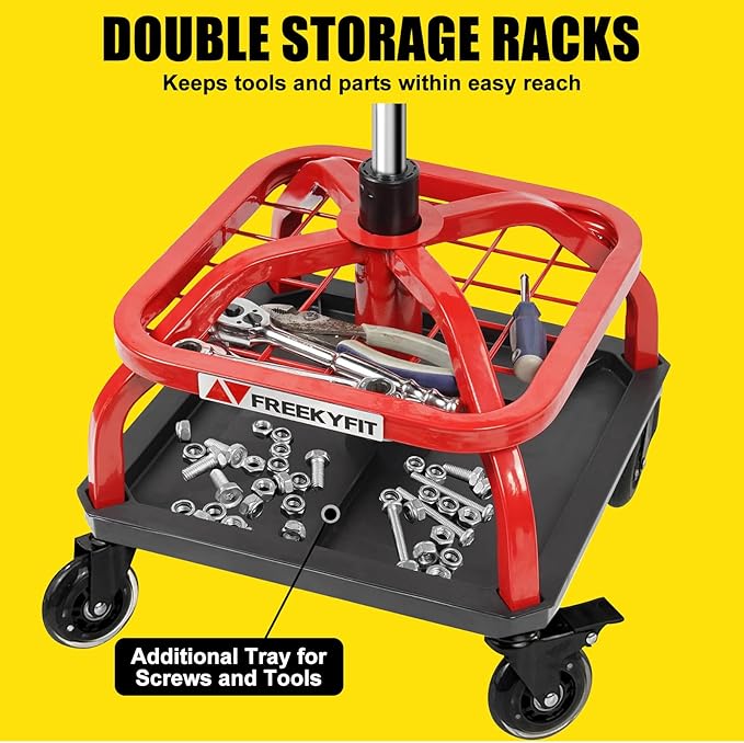 Rolling Shop Stool with Wheels, Garage Work Mechanic Stool with Backrest