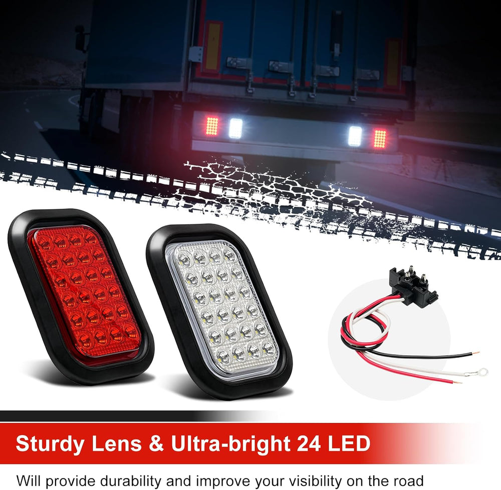 6PCS 5x3 Inch 24 LED 4 Red Stop/Turn/Tail/Lights 2 White Backup Reverse Light...