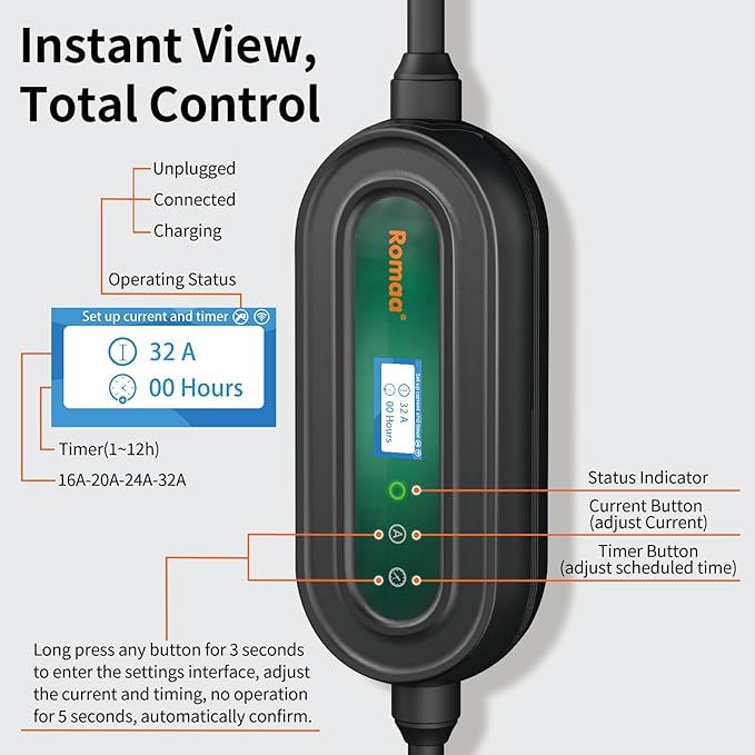 Level 2 EV Charger w/App Control: 32A 240V 7.68kW Fast Charging, NEMA 14-50