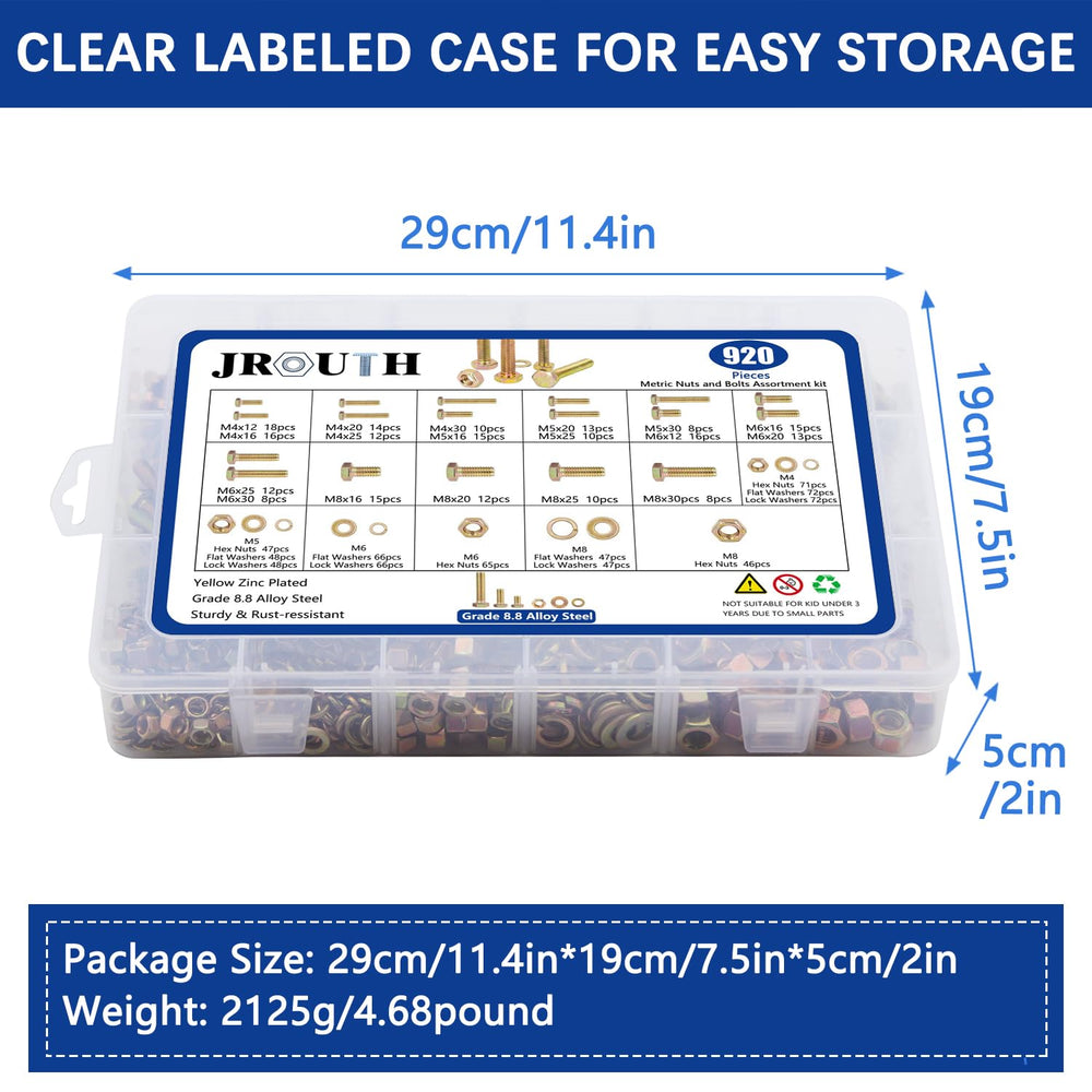 920PCS Grade8.8 Metric Bolt and Nut Assortment, M4/M5/M6/M8 Heavy Duty Hex He...