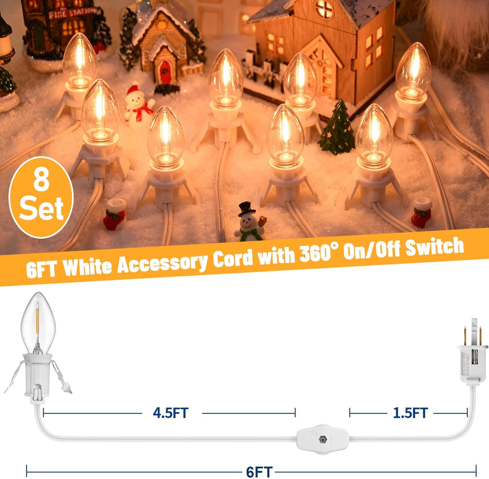 8 Set 6Ft White Lamp Cord with Switch + 16Pcs C7 LED Bulbs, 0.6W Energy Effic...