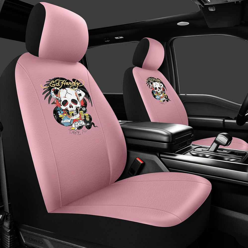 ED HARDY Casino Skull Car Seat Covers, Pink Premium Leather Seat Covers