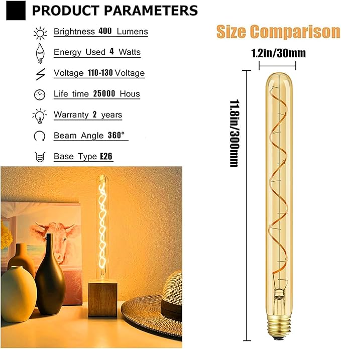 Leools Vintage LED Spiral Filament Bulb T10, 11.8inch Long Tubular Dimmable (...