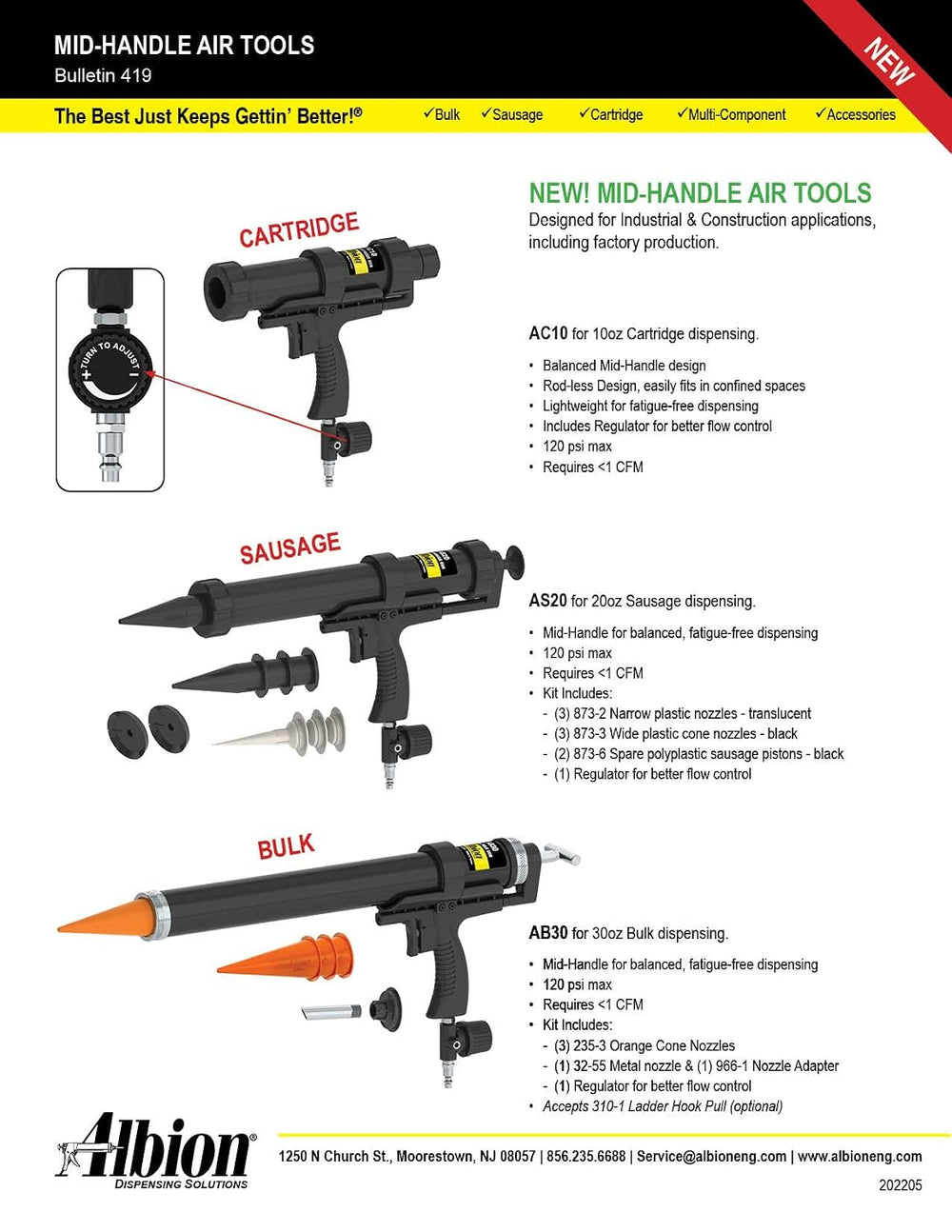 Albion Engineering AB30 Mid-Handle Air-Powered Steel Bulk Caulking Gun, 120 P...