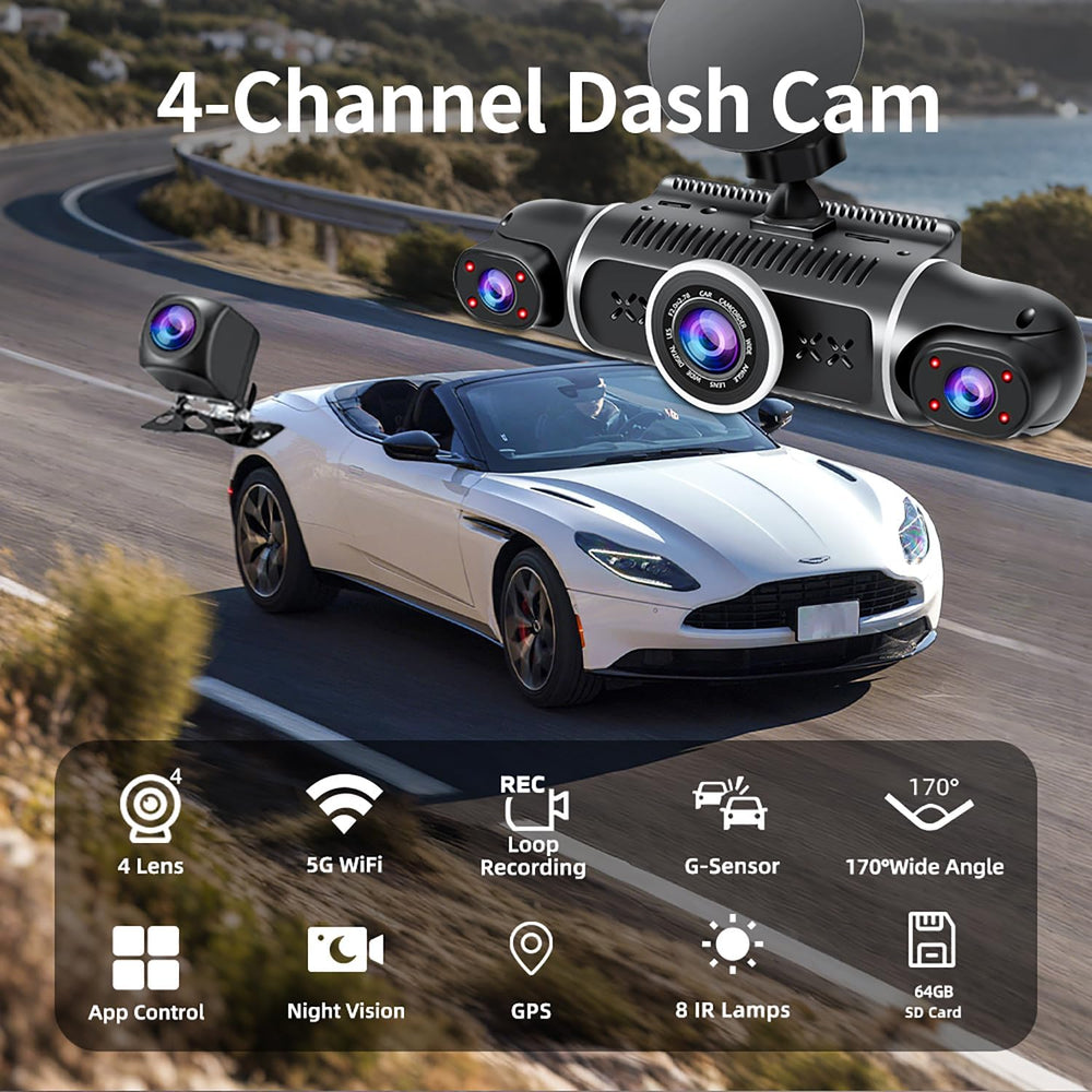 360° Dash Cam Front and Rear View 4 Channel Dash Camera FHD 2K+1080Px3 for Ca...