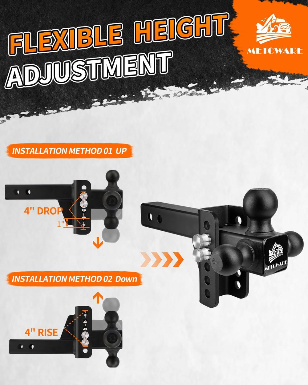 METOWARE Tri-Ball Trailer Hitch, Fits 2'' Receiver 4'' Drop/R...