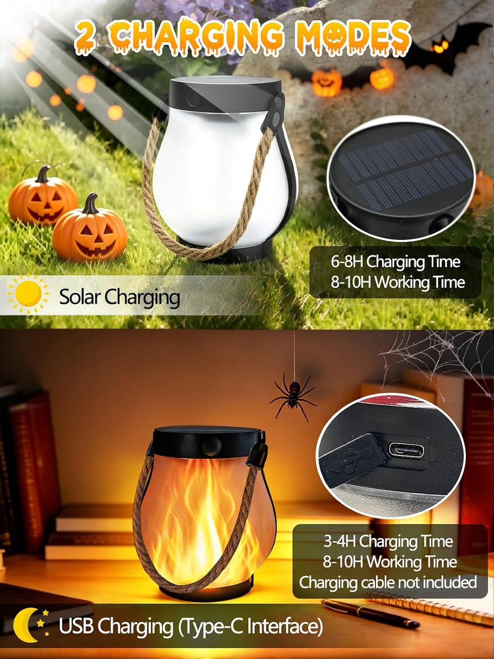 4 Pack Gen2 Solar Lanterns Outdoor Waterproof Hanging Halloween Flame Light