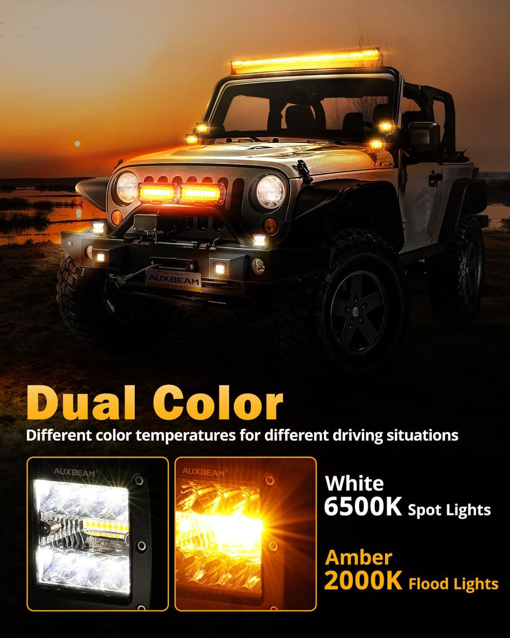 Auxbeam 6 Modes Amber White Series 3-Inch LED Cubes 72W Offroad Pod Lights