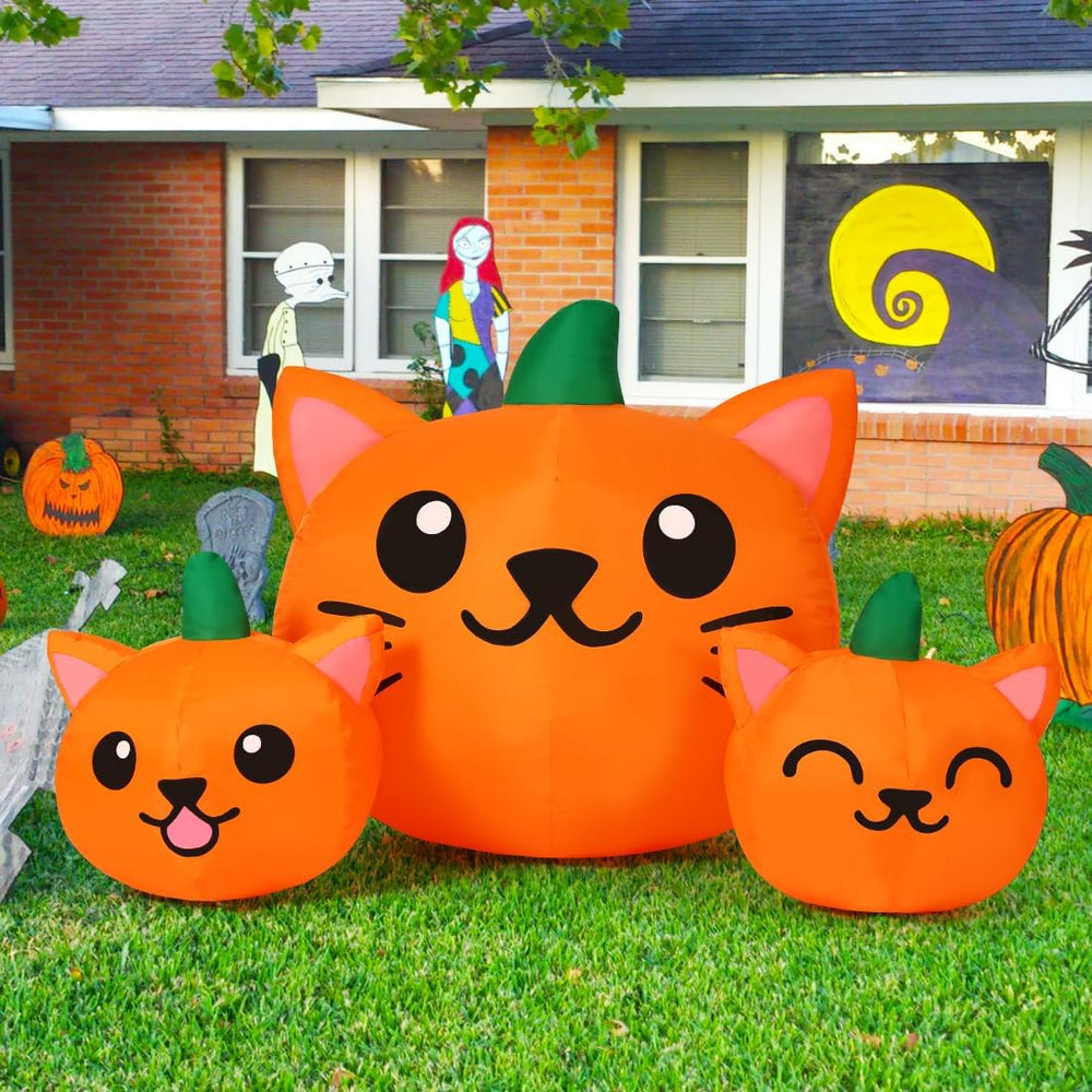 COMIN Halloween Inflatable 5FT Long Three Pumpkin Cat Head Combo with Built-i...