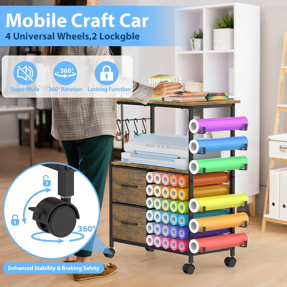Storage Cart Compatible with Cricut Machines, 30 Vinyl Roll Holders with 2 Dr...