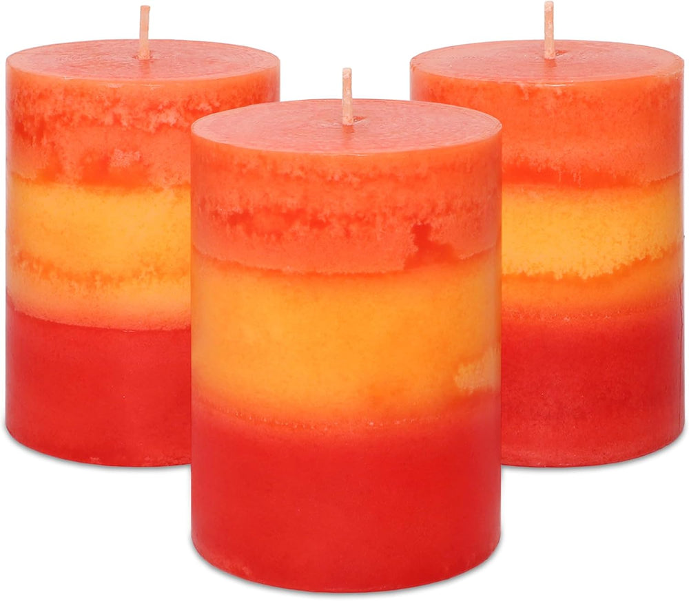 3x4 Inch Pillar Candles 3 Pack Rustic Orange Handmade Layered Clean Burning P...
