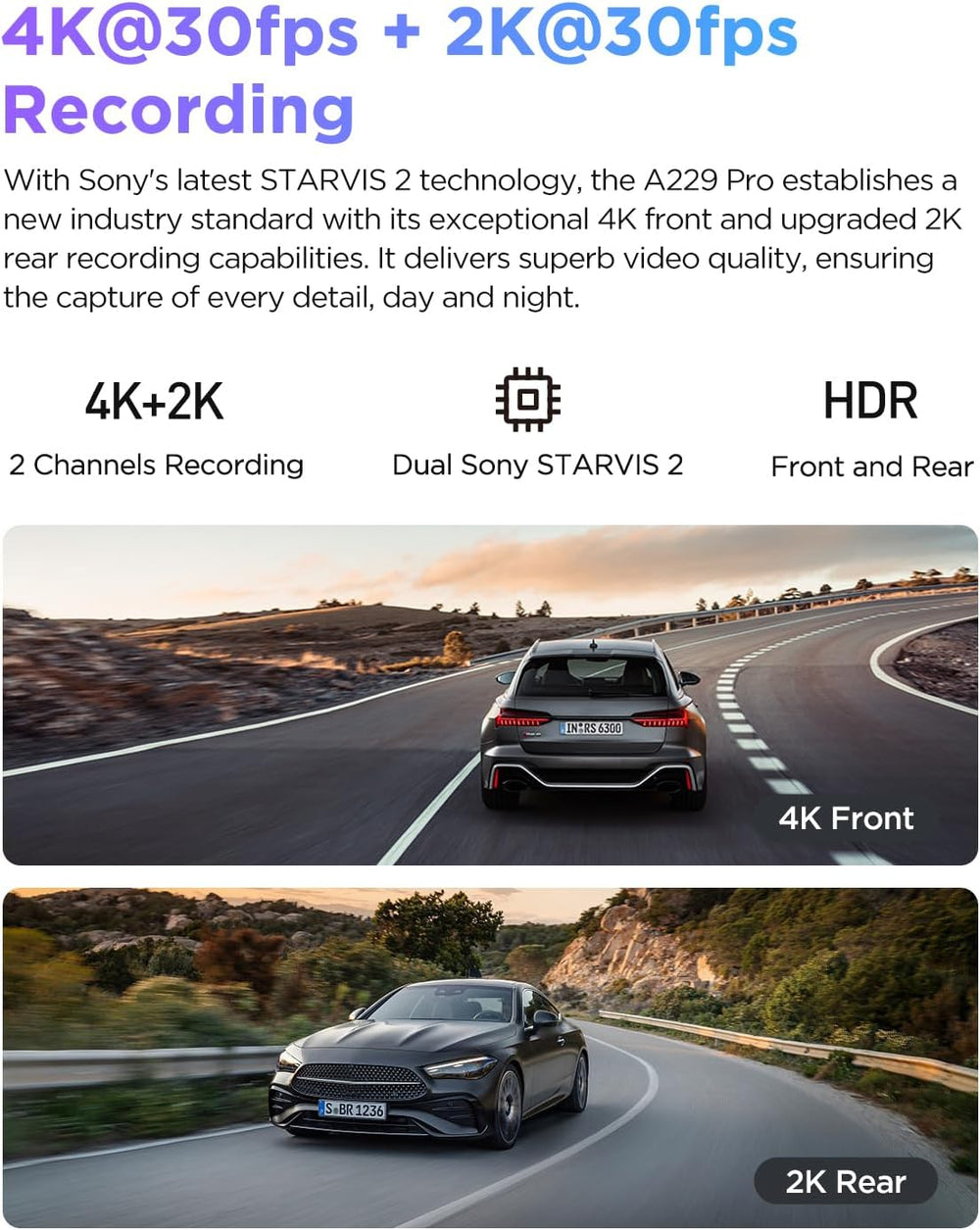 VIOFO A229 Pro 4K HDR Dash Cam Front and Rear, Dual STARVIS 2 Sensors