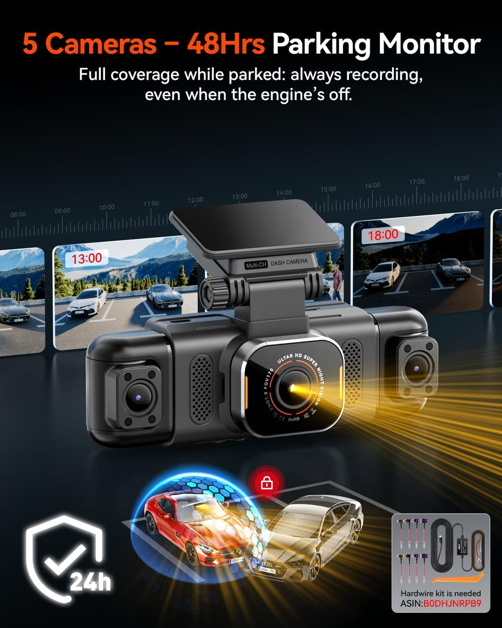 IIWEY N9 360° 5 Channel Dash Cam, Free 128GB Card, 12 IR LEDs Night Vision