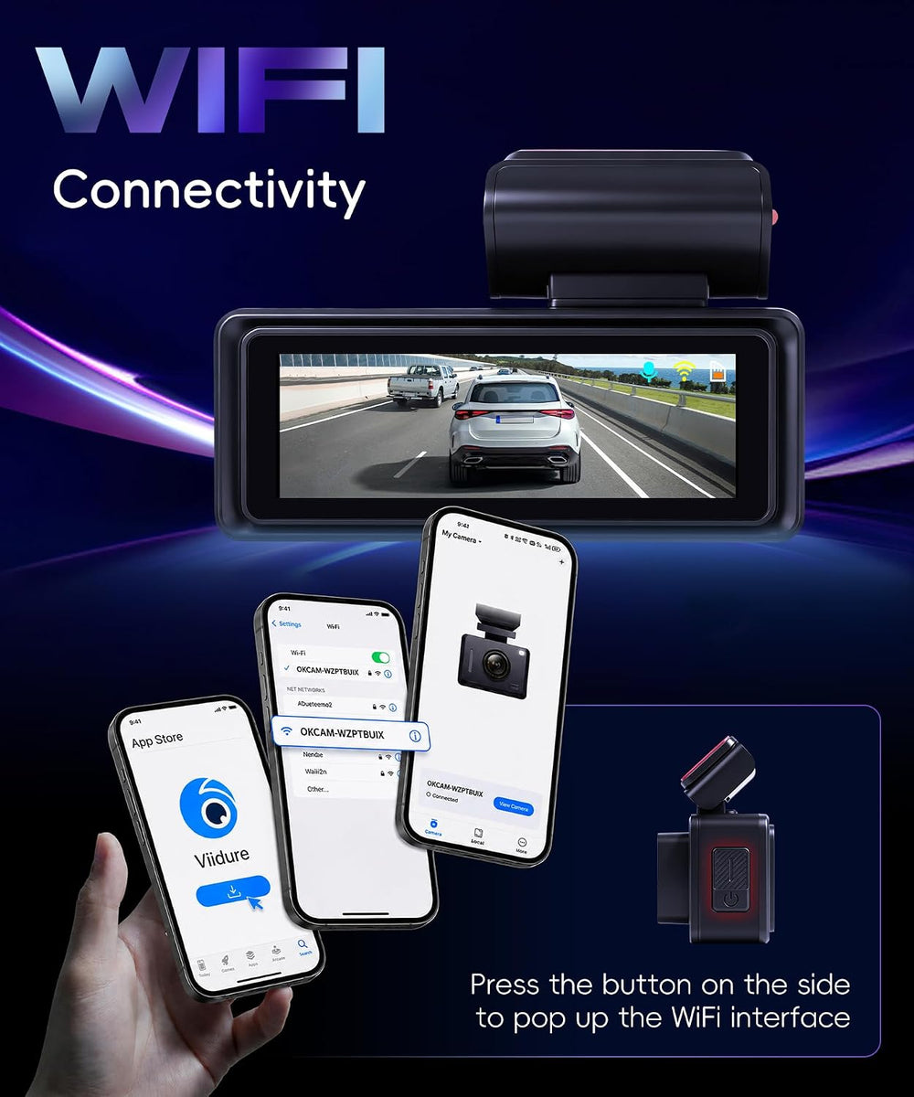 4K Dash Cam Dual Channel Front and Rear, Night Vision, 5GHz WiFi, 64GB Card