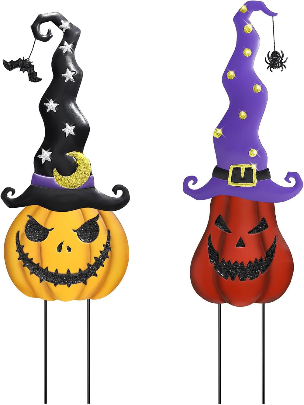 Halloween Garden Stakes - 2 Pack Stacked Metal Pumpkins with Witch Hat