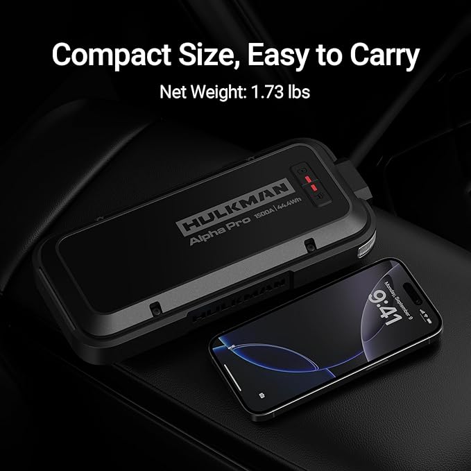 Hulkman Alpha Pro Solid Black, 1500A 44.4Wh Car Jump Starter Portable,