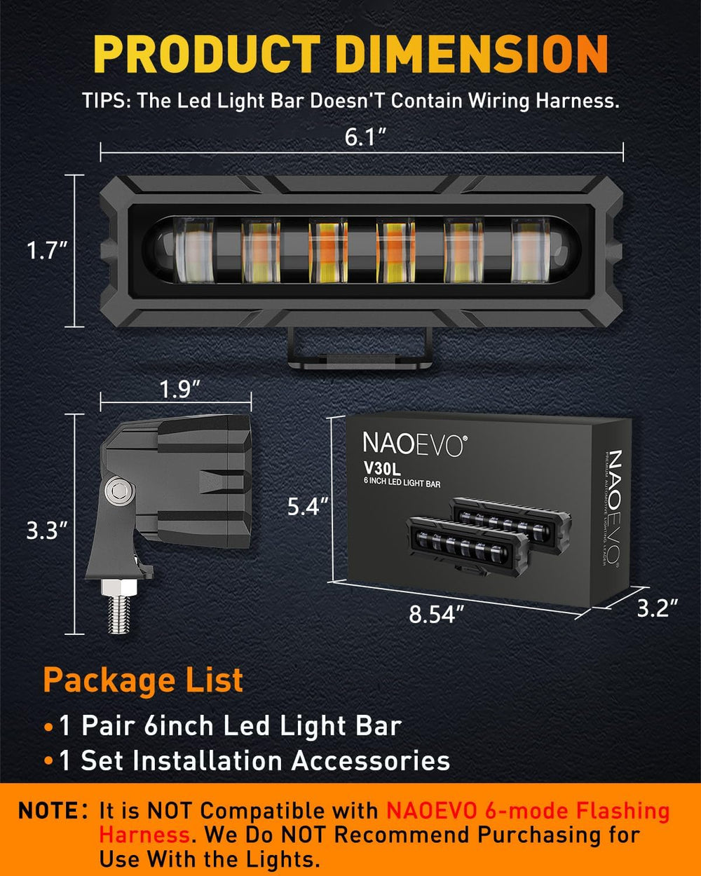 NAOEVO 6 Inch White Amber LED Light Bar, Lens Spot LED Fog Lights, 3-Mode