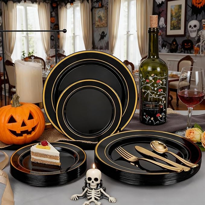 350 Pieces Black and Gold Plastic Plates with Disposable Silverware, Include ...