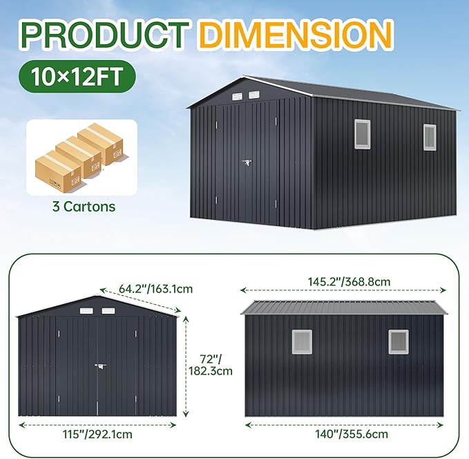 Breezz Outdoor Storage Shed 10 x 12 ft. Utility Tool Shed Metal Storage Garden