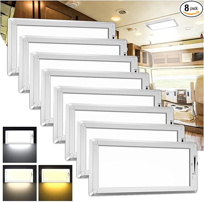 8 Pack RV Lights Interior, 3 Color RV LED Super Bright Fixture, 12V RV Ceiling