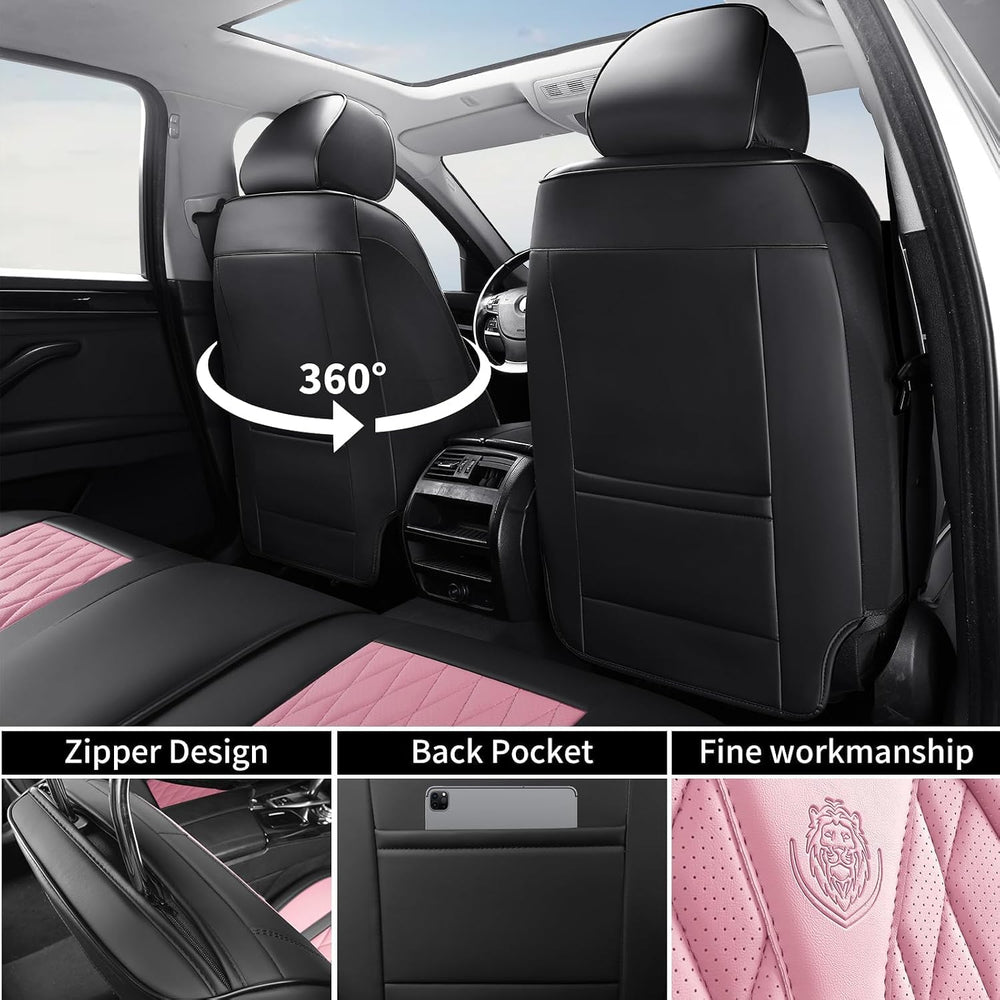 Pink Black Car Seat Covers Full Set,5 Seat Leather Seat Covers for Cars