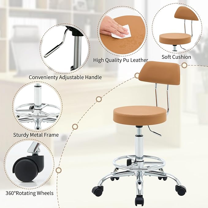 Rolling Stool with Back, Adjustable Tattoo Rolling Chair 19.5’’-26.6’’