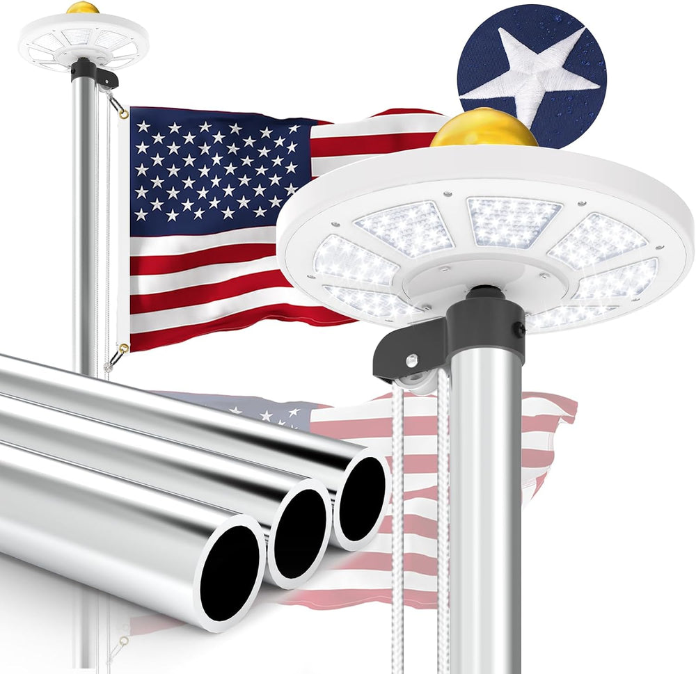 Heavy Duty Flag Pole Kit with 136 LED Ultra Bright Solar Light, 25FT 12 Gauge...