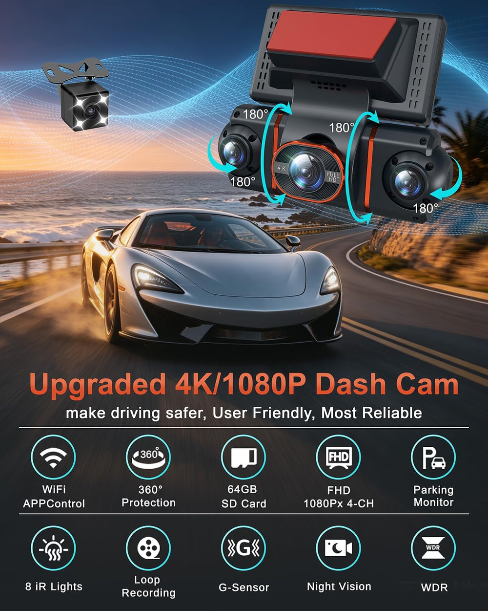 4K+1080P*3 FHD Dash Cam Front and Rear, 360° Car Camera, 5.8GHz WiFi 20MB/s