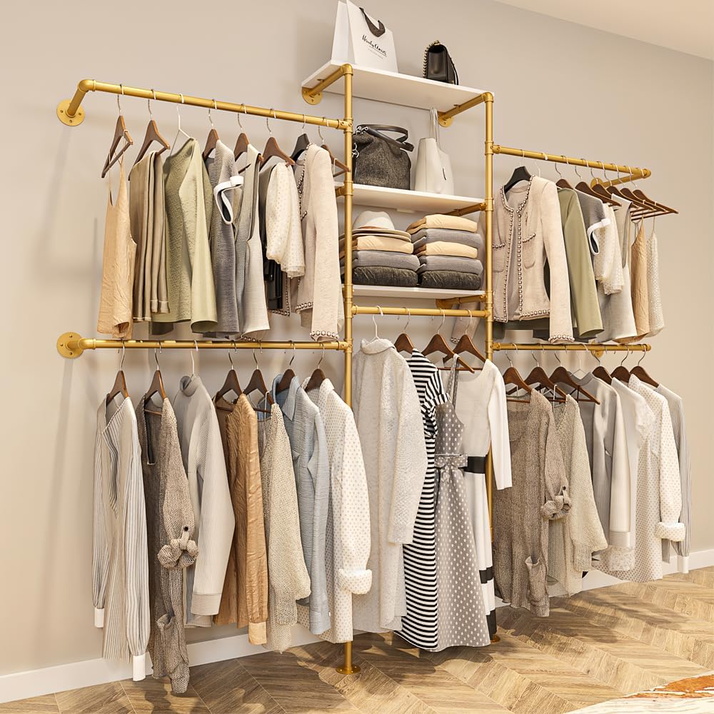 KaKaBB Heavy Duty Gold Pipe Clothing Rack - Wall Mounted Industrial Clothes R...