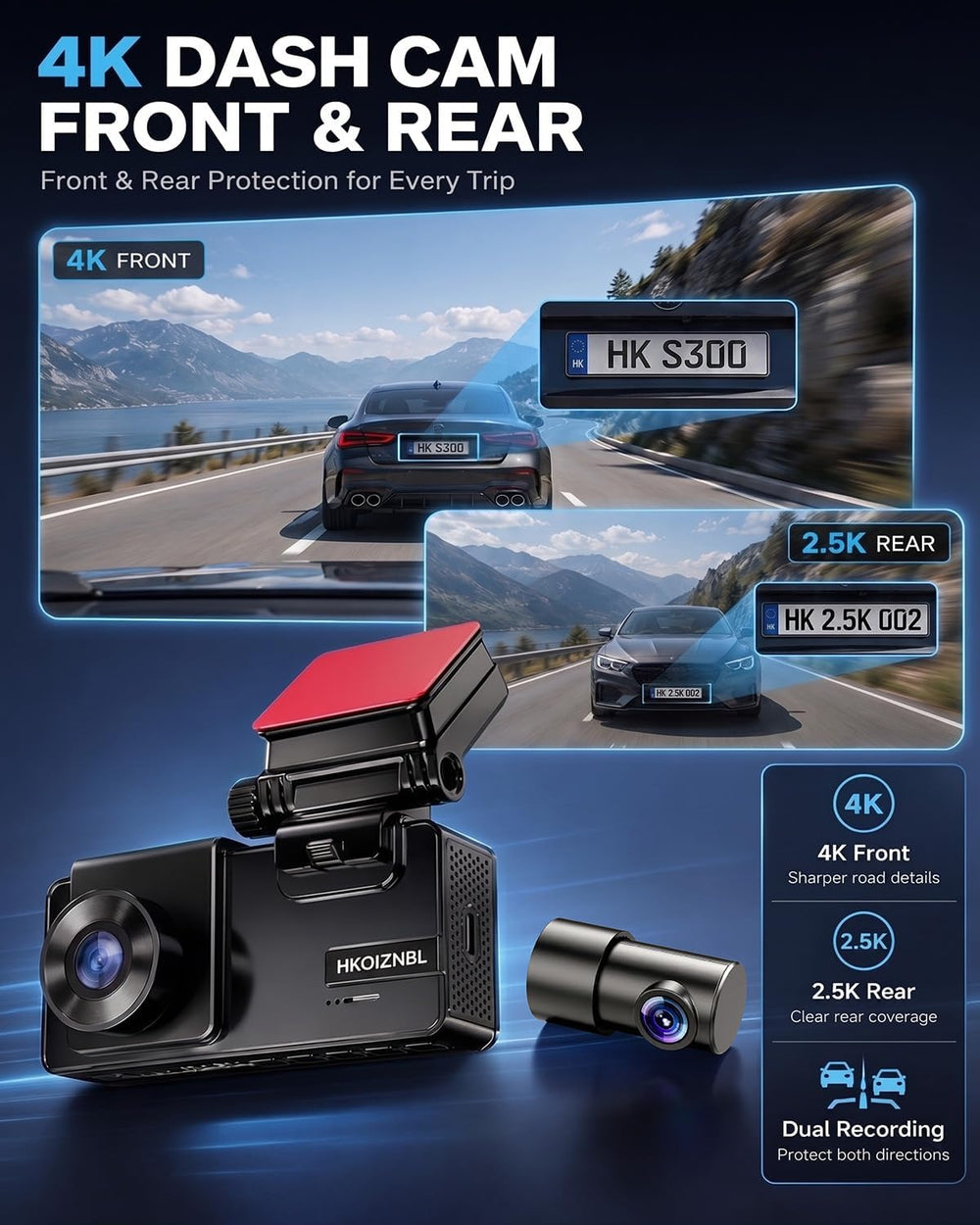 4K+2.5K Dash cam Front and Rear,5GHz WiFi 20MB/s,4K Dash cam with 32GB Card