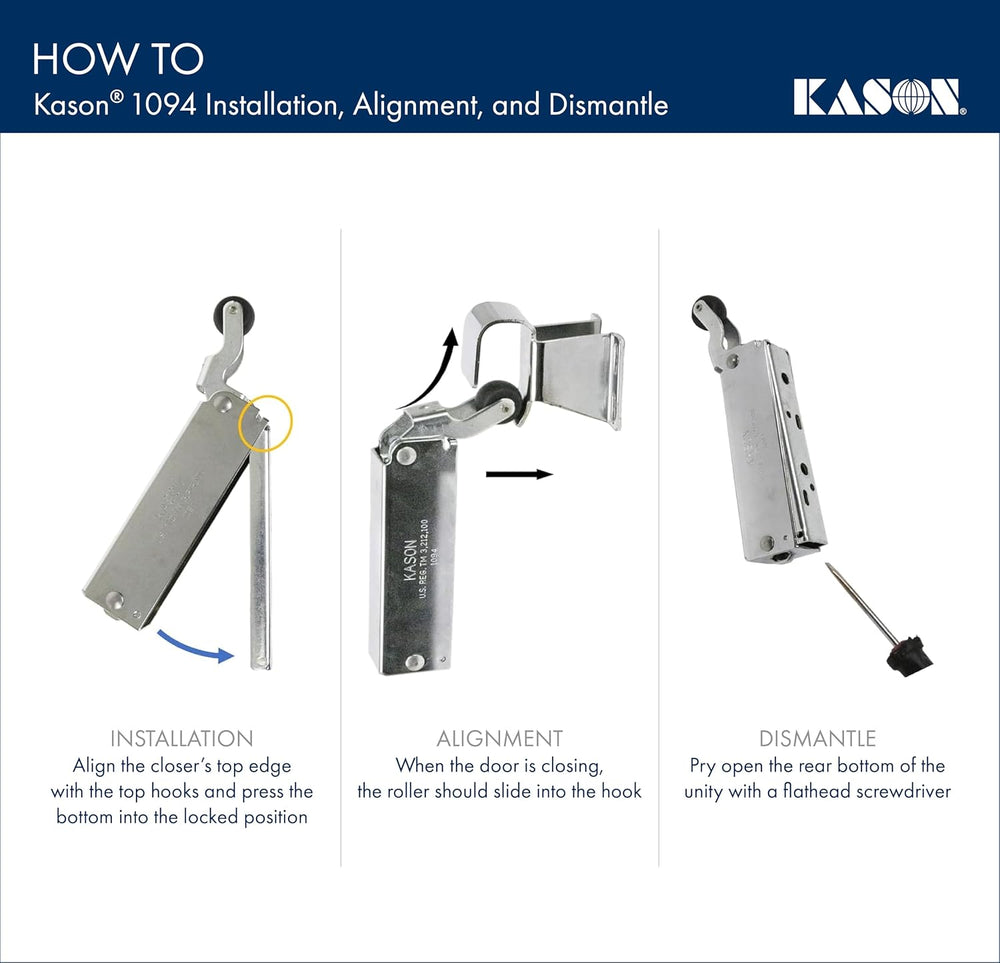 Kason 1094 SureClose Hydraulic Door Closer and Hook, Concealed Mounting, Adju...