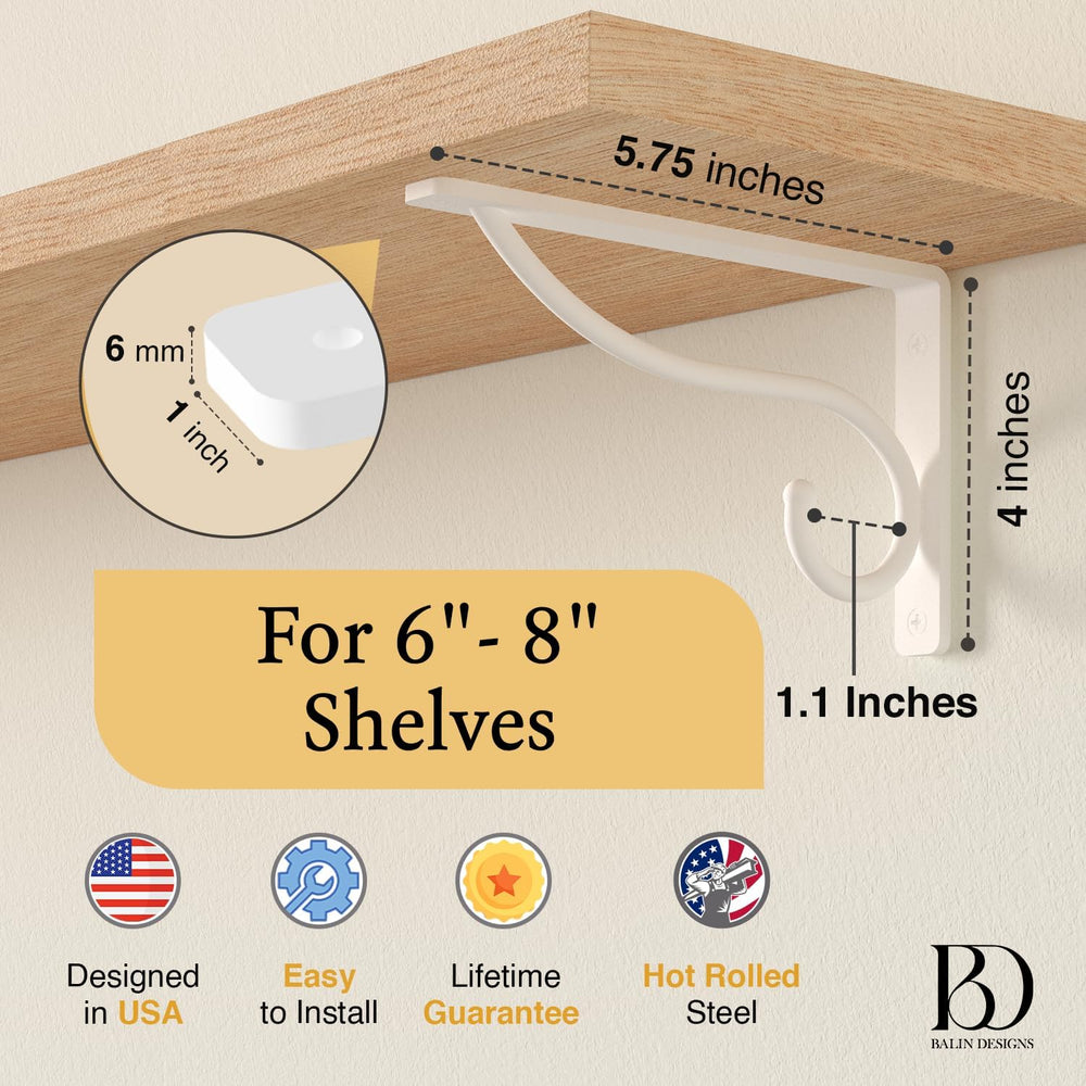 Closet Rod Bracket, 6 Inch Hook Shelf Brackets Heavy Duty Wall Mounted, Black...