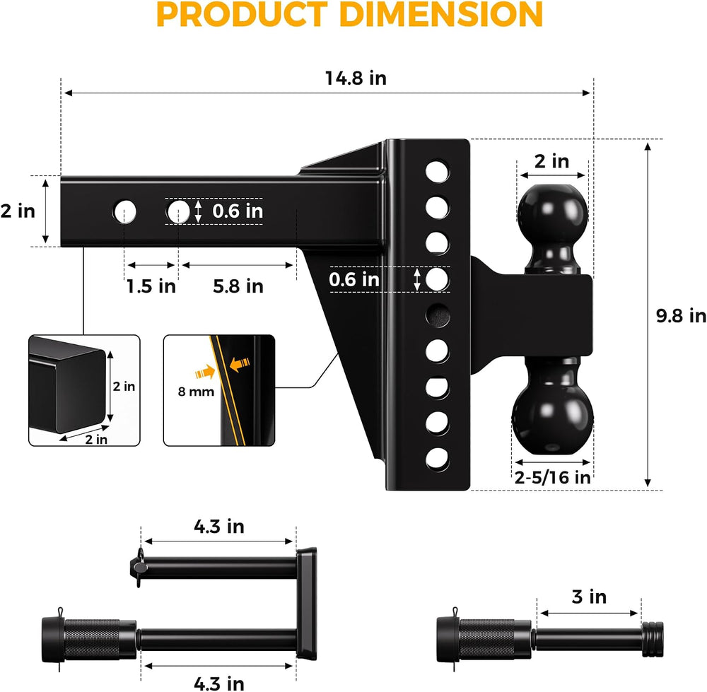 CAMMOO Adjustable Trailer Hitch for 2inch Receiver & 6 inch Rise/Drop Hitch
