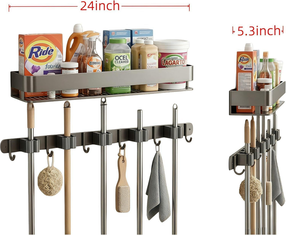24 Inch Mop and Broom Holder Wall Mount, Broom Hanger Organizer with Hooks