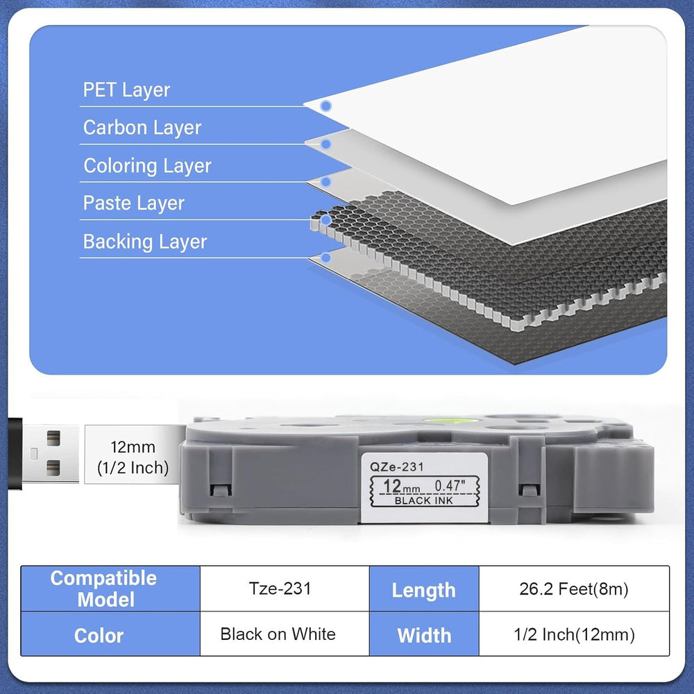 10pack 12mm 0.47'' TZe TZ Tape Laminated White Label Maker Tape Repla...