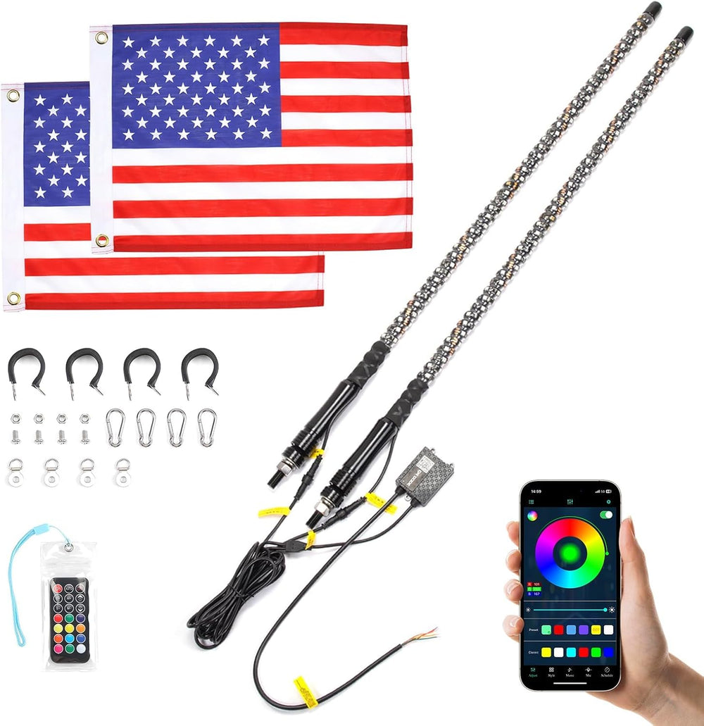 KEMIMOTO 2pc 3ft Whip Lights for Side by Side, Turning Signal Function Compat...