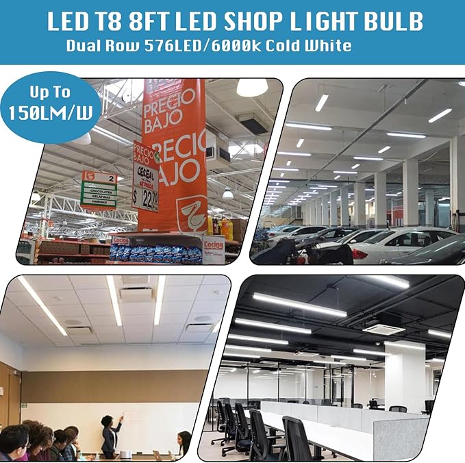 8FT LED Shop Light Fixture, Super Bright 100W 6000K Cold White 15000LM (12-Pack)
