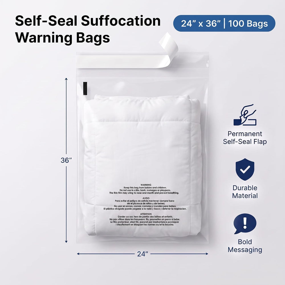 24” X 36” (100 Count) Self Seal Clear Poly Bags with Suffocation Warning