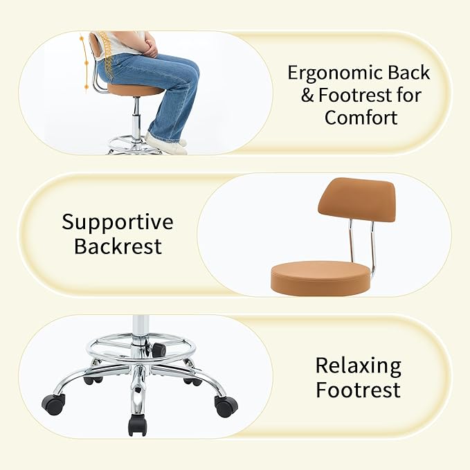 Rolling Stool with Back, Adjustable Tattoo Rolling Chair 19.5’’-26.6’’