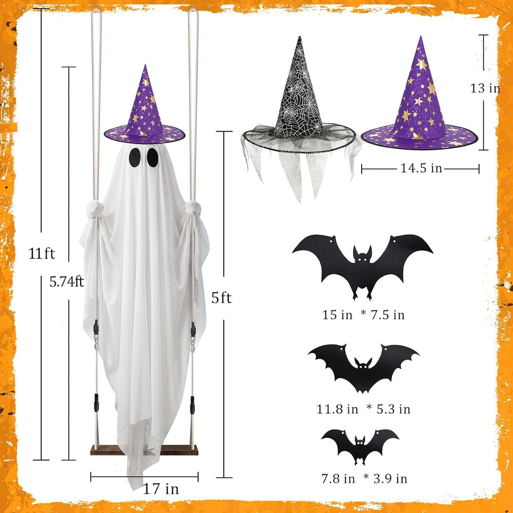 Halloween Ghost Decor with Bat & Hat - 11 FT Large Hanging Swinging Ghost