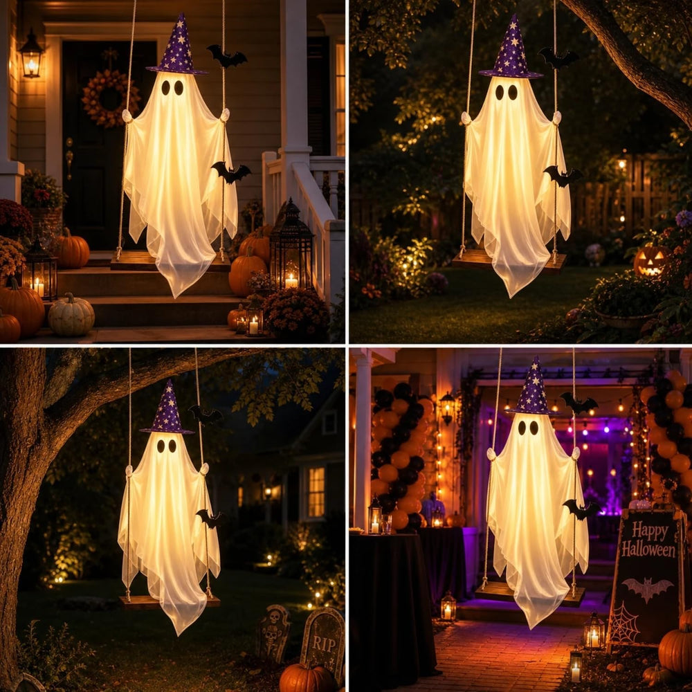 Halloween Swinging Ghost, Lighted Hanging Ghost Decor for Outdoor Porch