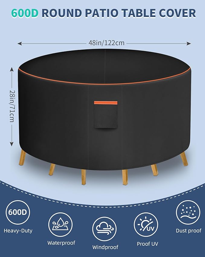 Round Patio Furniture Cover, 48 Inch Diameter Waterproof 600D Heavy Duty Table