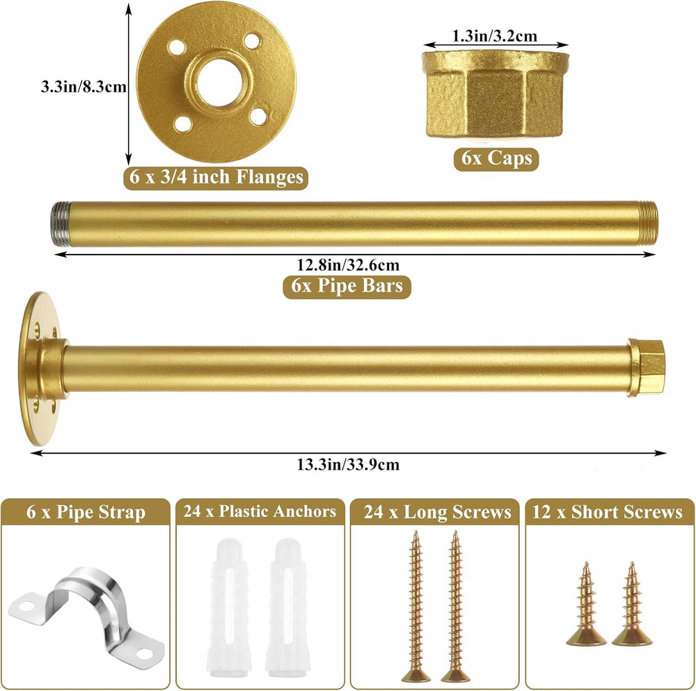 JMIATRY 6PCS Gold Pipe Clothes Bars 12 Inch Closet Rods for Hanging Clothes