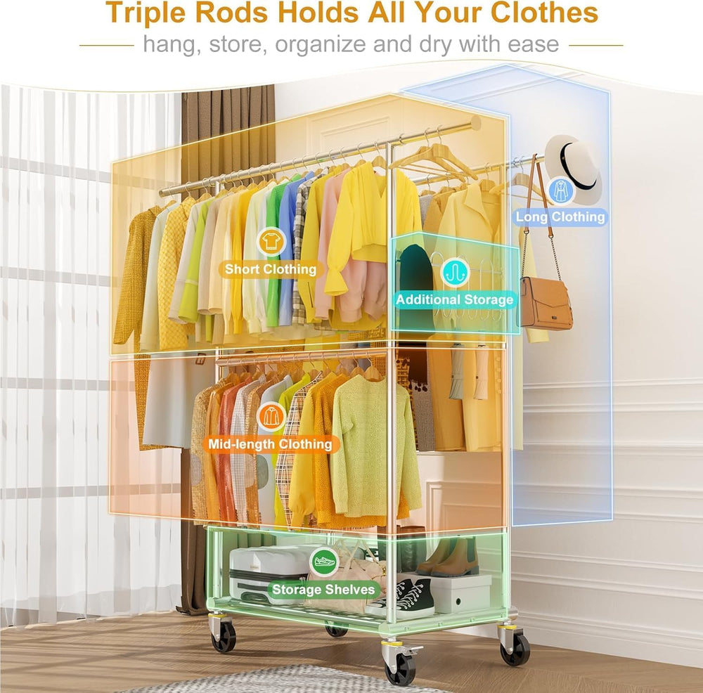 100% Stainless Steel Heavy Duty Clothes Rack Load 960LBS, Three Rods Clothing...