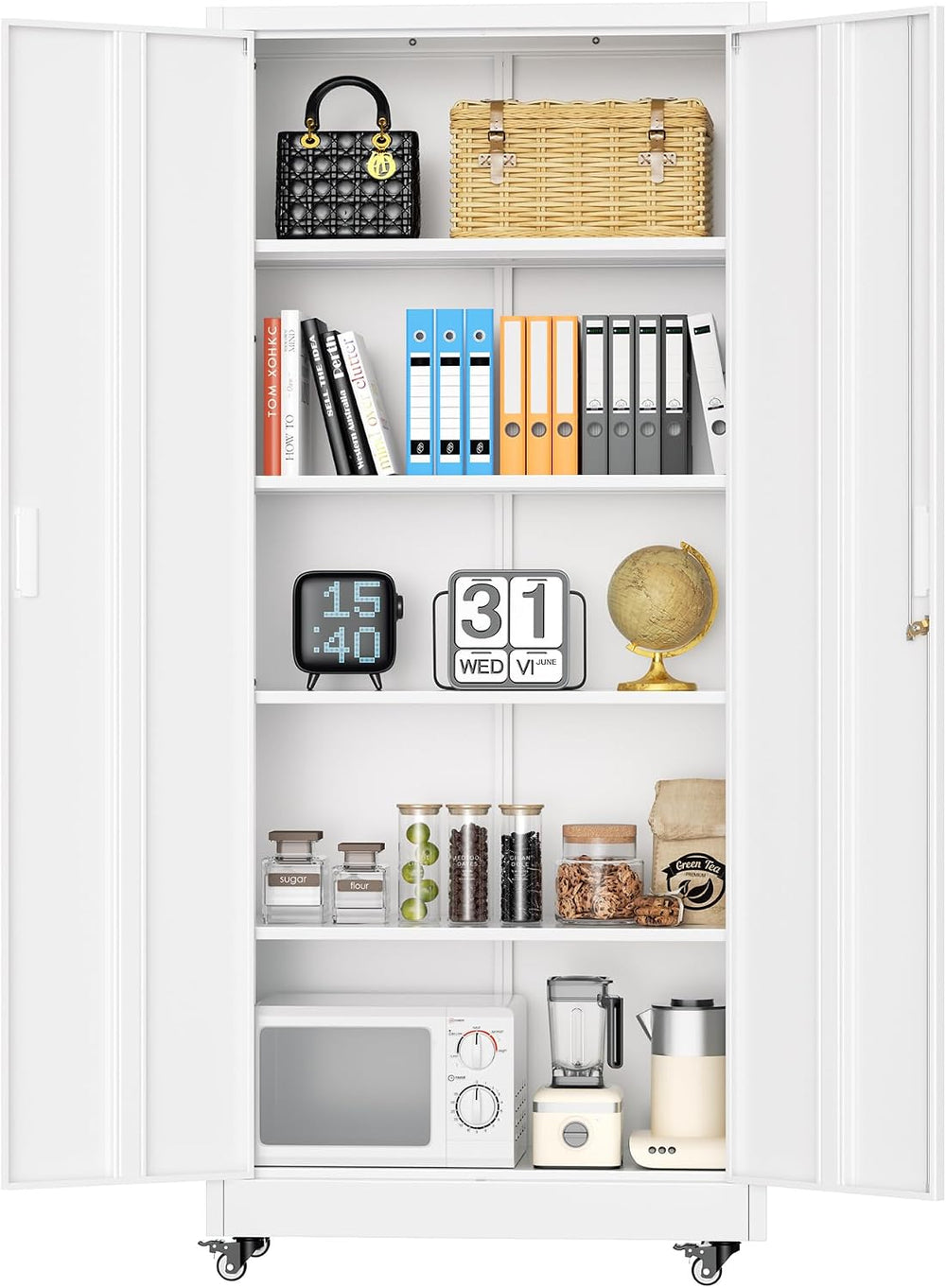 Superday 73" Metal Storage Cabinet with Wheels, Lockable Steel Utility C...