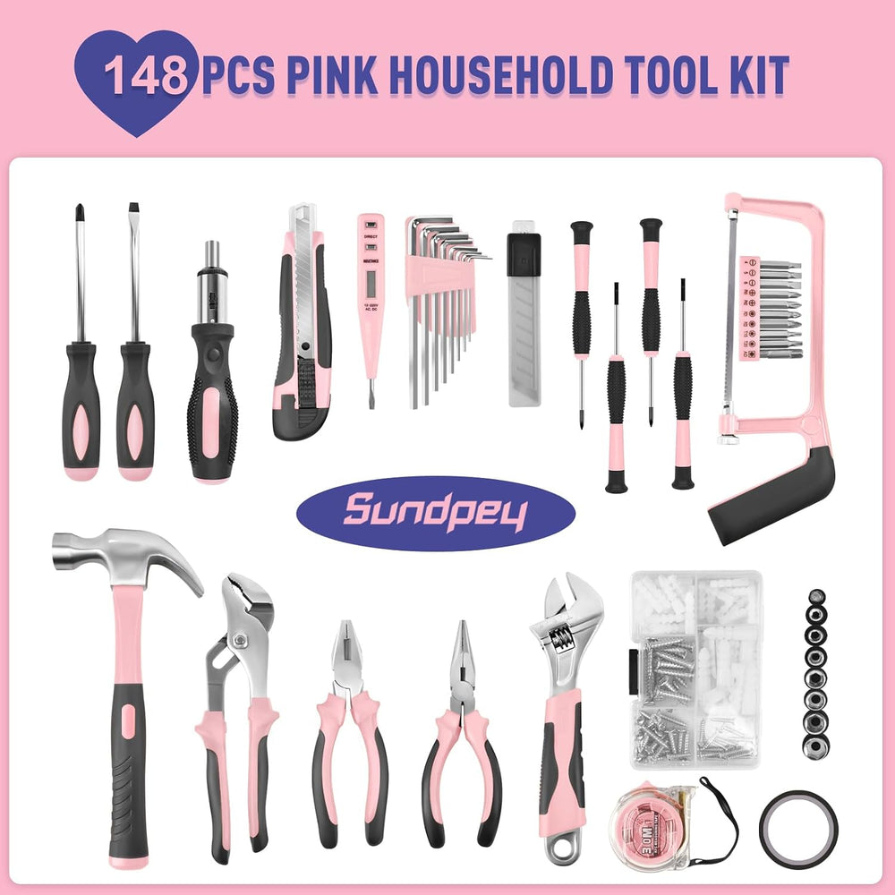 Sundpey 148 Pcs Portable Basic Hand Repair Home Tool Kit Set with Case Pink