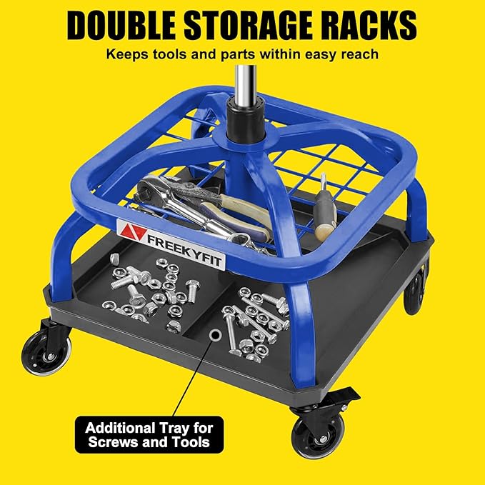 Rolling Shop Stool with Wheels, Garage Work Mechanic Stool with Backrest